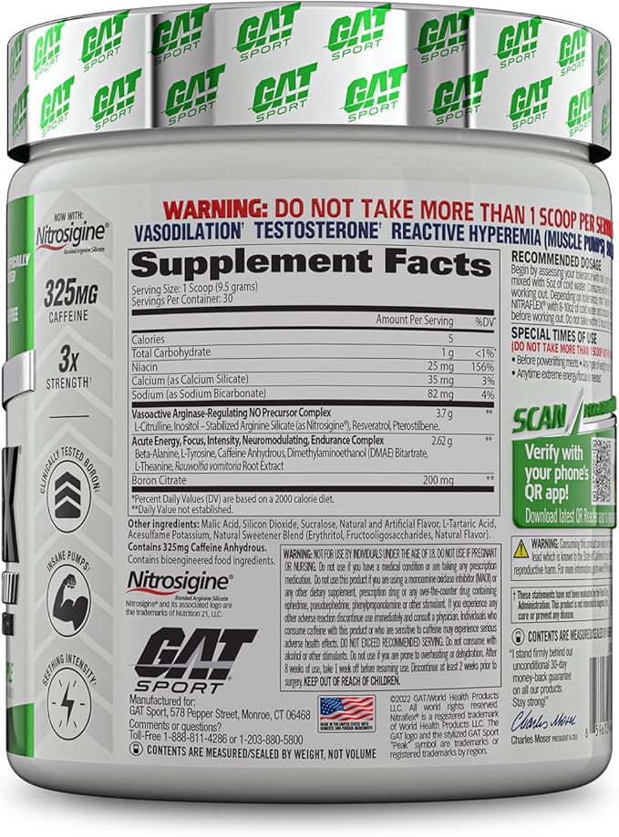 GAT SPORT Nitraflex Advanced Pre-Workout Powder, Increases Blood Flow, Boosts Strength and Energy, Improves Exercise Performance, Creatine-Free (Green Apple, 30 Servings)