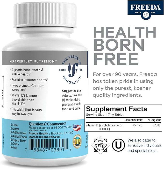 FREEDA Vitamin D3-3000 IU - Pure High Potency Kosher Supplement Tablets - Bone and Muscle Health, Calcium Absorption, Immune Support for Men and Women* - 250 Count