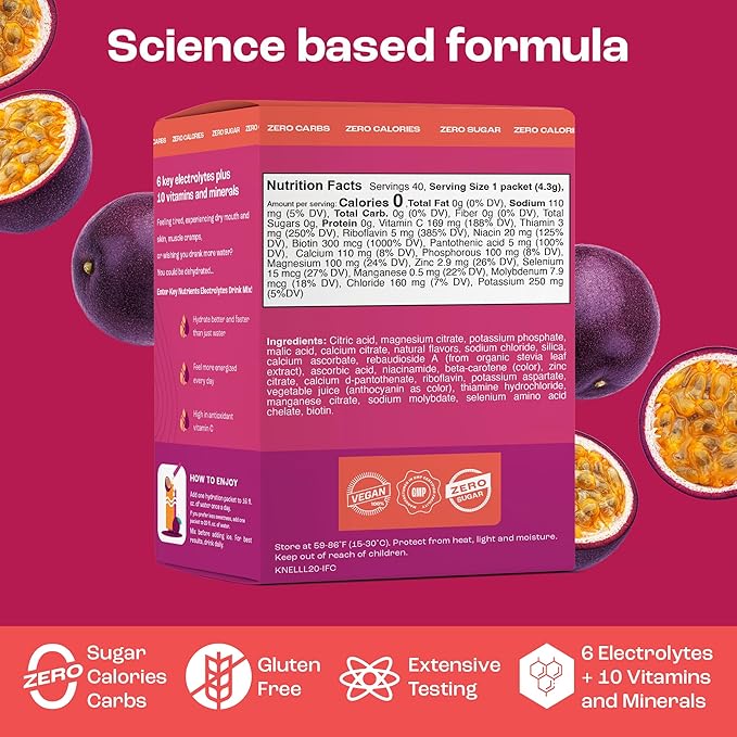 KEY NUTRIENTS Multivitamin Electrolytes Powder Packets - Delicious Passion Fruit 40 Pack Hydration Packets - Travel Hydration Powder - No Sugar, No Calories, Gluten Free - Made in USA