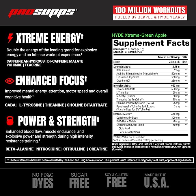 PROSUPPS Mr. Hyde Xtreme Pre-Workout Powder Energy Drink - Intense Sustained Energy, Pumps & Focus with Beta Alanine, Creatine & Nitrosigine, (30 Servings, Green Apple)