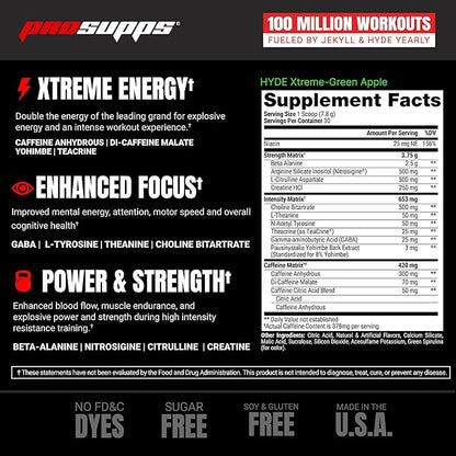 PROSUPPS Mr. Hyde Xtreme Pre-Workout Powder Energy Drink - Intense Sustained Energy, Pumps & Focus with Beta Alanine, Creatine & Nitrosigine, (30 Servings, Green Apple)