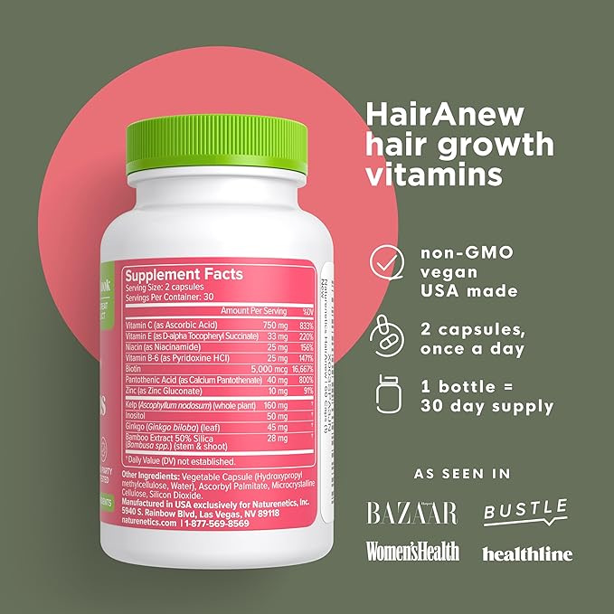 HairAnew Hair Growth Vitamins for Thicker Stronger Hair | Works for Women & Men All Hair Types | 11 Hair Vitamins & Ingredients | 5000mcg Biotin | Vegan | Independently Tested | 60 Capsules (3)