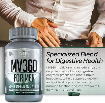 NDS Nutrition MV360 For Men, 5-in-1 Complete Multivitamin for Men with Essential Mens Vitamins for Energy, Digestion, Toning, Immune Support, and Mens Health & Vitality, 60 Tablets, 30 Servings