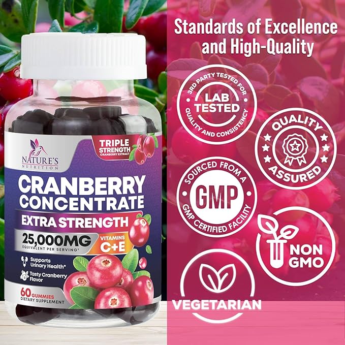Cranberry Gummies - Urinary Tract Health Gummy + Vitamin C - 25,000mg - Triple Strength Cranberry Concentrate Extract Supplement Pills, Ultimate Potency, Non-GMO, Gluten Free - 60 Gummies