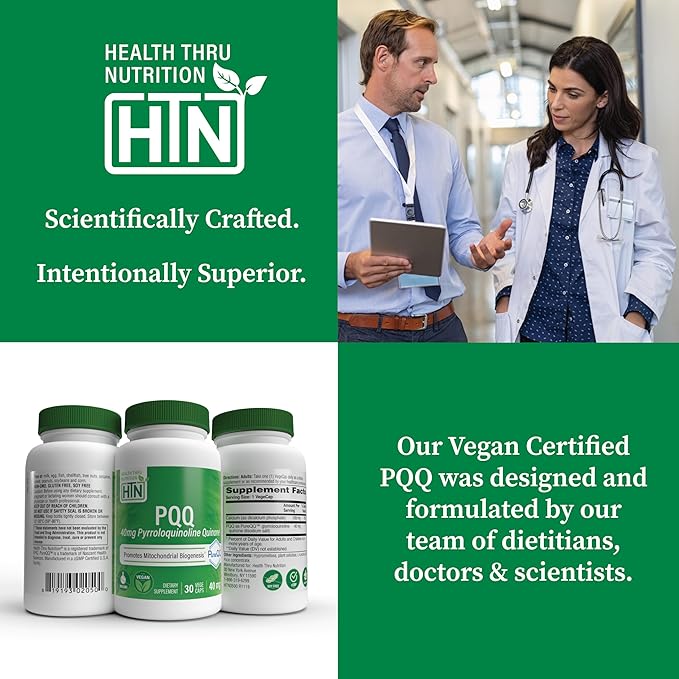 Health Thru Nutrition PQQ 40mg 30 Servings Pyrroloquinoline Quinone as PureQQ | Promotes Mitochondrial Biogenesis | Certified Vegan | Non-GMO Gluten Soy Free Capsules| Clean Label PQQ Supplement