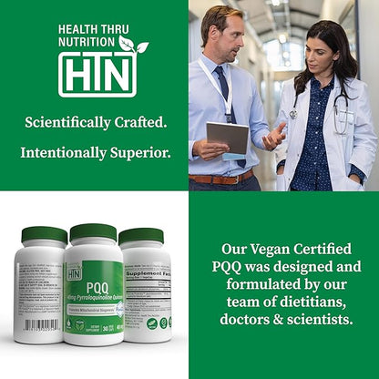 Health Thru Nutrition PQQ 40mg 30 Servings Pyrroloquinoline Quinone as PureQQ | Promotes Mitochondrial Biogenesis | Certified Vegan | Non-GMO Gluten Soy Free Capsules| Clean Label PQQ Supplement