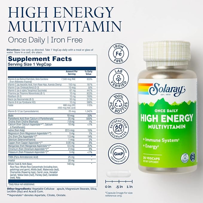 SOLARAY Once Daily High Energy Multivitamin, Iron Free, Immune System and Energy Support, Whole Food and Herb Base Ingredients, Men’s and Women’s Multi Vitamin (30 Servings, 30 VegCaps)