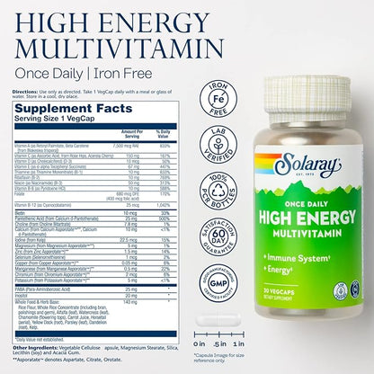 SOLARAY Once Daily High Energy Multivitamin, Iron Free, Immune System and Energy Support, Whole Food and Herb Base Ingredients, Men’s and Women’s Multi Vitamin (30 Servings, 30 VegCaps)