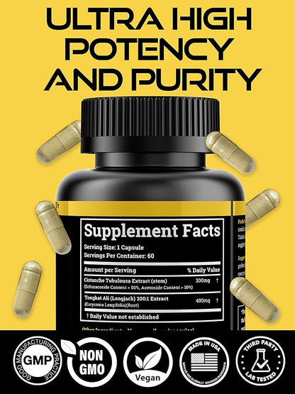 Cistanche Tubulosa 200mg & Tongkat Ali 400mg (Max Purity) 2 Month Supply (50% Echinacoside + 10% Acetoside with Tongkat Ali for Men 200:1 (Longjack) Eurycoma Longifolia) similar to Fadogia Agrestis