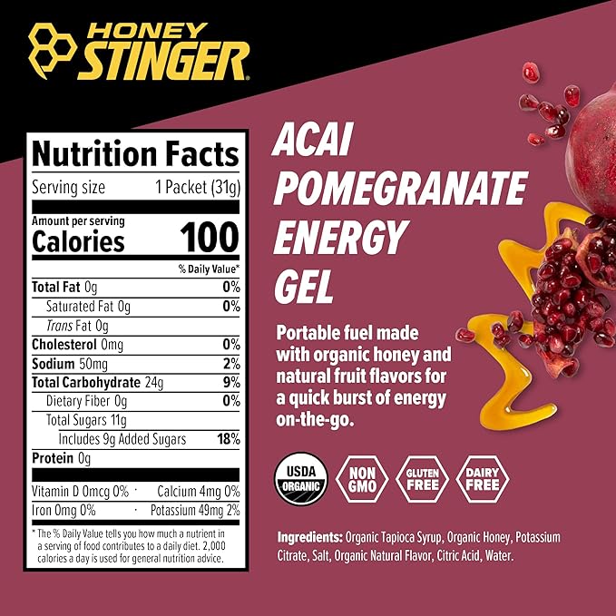 Honey Stinger Organic Acai Pomegranate Energy Gel | Gluten Free & Caffeine Free | For Exercise, Running and Performance | Sports Nutrition for Home & Gym, Pre and Mid Workout | 24 Pack, 26.4 Ounce