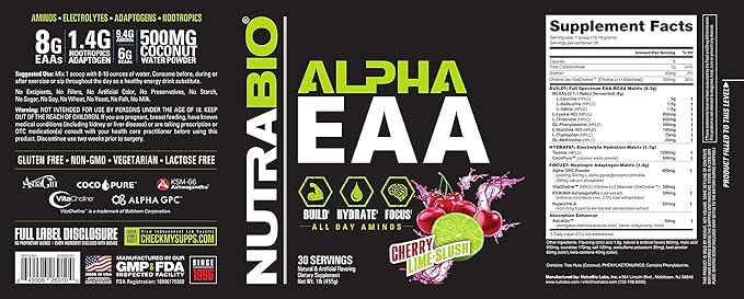 NutraBio Alpha EAA Hydration and Recovery Supplement - Full Spectrum EAA BCAA Matrix with Electrolytes, Nootropics, Coconut Water - Recovery, Energy, Focus, & Hydration Supplement (Cherry Lime Slush)