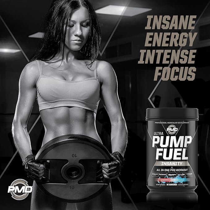 PMD Sports Ultra Pump Fuel Insanity - Pre Workout Drink Mix for Energy, Strength, Endurance, Recovery - Complex Carbohydrates and Amino Energy - Cherry Bombsicle (30 Servings)