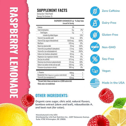 Energy + Hydration Amplifier - Multivitamin Electrolyte Powder Packets with Vitamins D3 K2 & B6 B12 | L-Theanine, Cane Sugar, Caffeine Free Energy Drink Powder | Raspberry Lemonade, 15 Pack