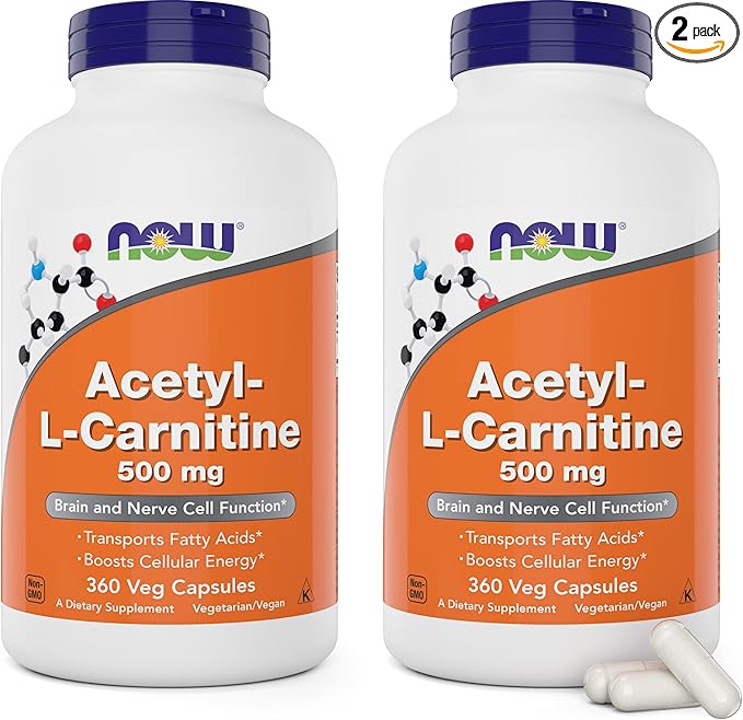 NOW Foods Now Acetyl L Carnitine 500mg, 360 Veg Caps (Pack of 2) - Non-GMO ACL 500 mg Capsules Supplement for Men and Women