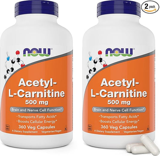 NOW Foods Now Acetyl L Carnitine 500mg, 360 Veg Caps (Pack of 2) - Non-GMO ACL 500 mg Capsules Supplement for Men and Women