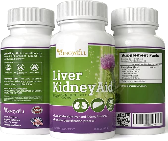 Liver Kidney Aid, Herbal Based Ingredients Supports Liver and Kidney Health, 90 Days Supply (180 Softgels)
