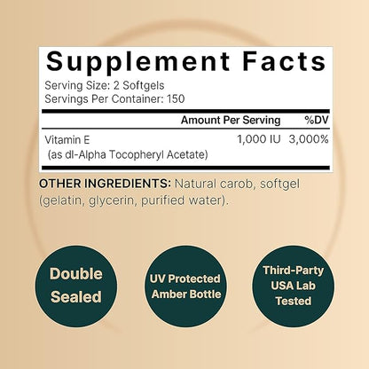 NatureBell Vitamin E Oil Softgels, 1,000 IU Per Serving, 300 Pills | Essential Antioxidant Supplements, Easily Absorbed Form – Supports Skin, Heart, & Immune Health – Non-GMO