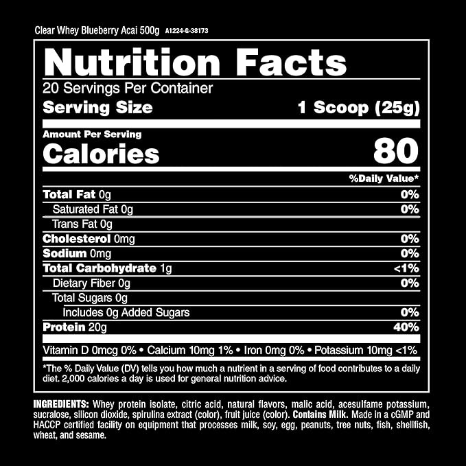 Clear Whey Isolate Protein Powder - Easy to Digest and Mix, 5g BCAA, Deliciously Juicy, Refreshing Anytime Drink for Men and Women, Blueberry Acai 500g (20 Servings)