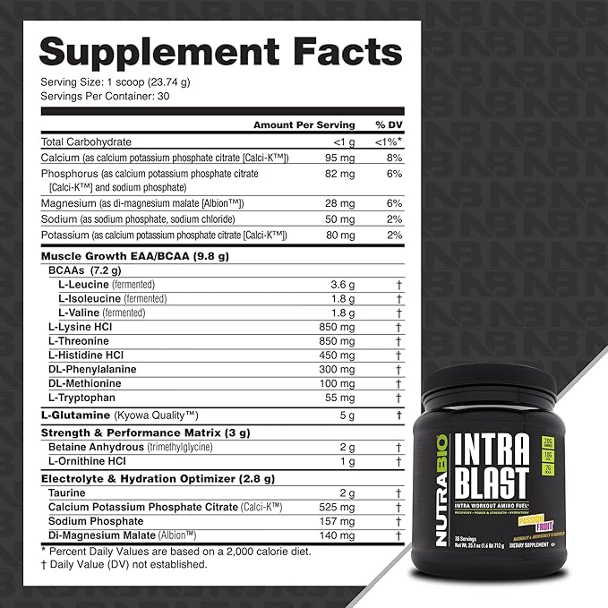 NutraBio Intra Blast BCAA EAA Electrolyte and Hydration Powder - Amino Acid Supplement, EAA/BCAA Powder - Non-GMO and Gluten Free - Passion Fruit - 30 Servings