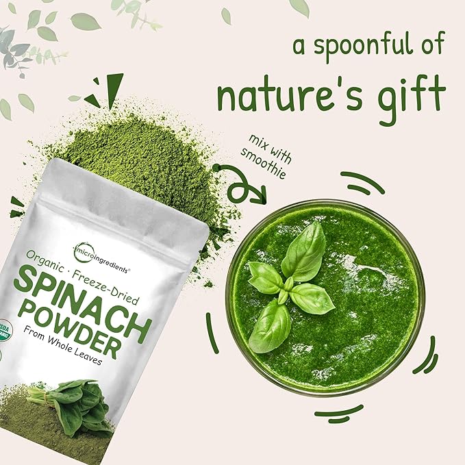 Micro Ingredients Sustainably US Grown, Organic Spinach Powder, 1 Pound, Freeze Dried from Whole Leaf, Rich in Beneficial Thylakoids and Chlorophyll, Contains Multivitamins, Non-GMO, Vegan Friendly