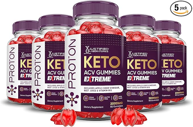 (5 Pack) Proton Keto ACV Gummies Extreme 2000MG Proton Keto Gummies Apple Cider Vinegar Formulated with Pomegranate Beet Juice Powder B12 Vegan Non GMO 300 Gummys