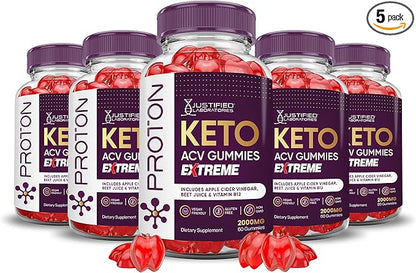 (5 Pack) Proton Keto ACV Gummies Extreme 2000MG Proton Keto Gummies Apple Cider Vinegar Formulated with Pomegranate Beet Juice Powder B12 Vegan Non GMO 300 Gummys