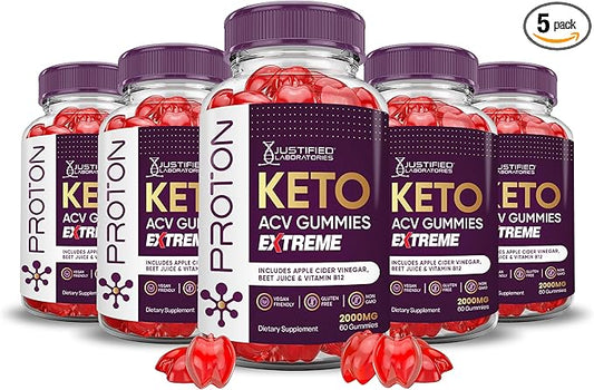 (5 Pack) Proton Keto ACV Gummies Extreme 2000MG Proton Keto Gummies Apple Cider Vinegar Formulated with Pomegranate Beet Juice Powder B12 Vegan Non GMO 300 Gummys