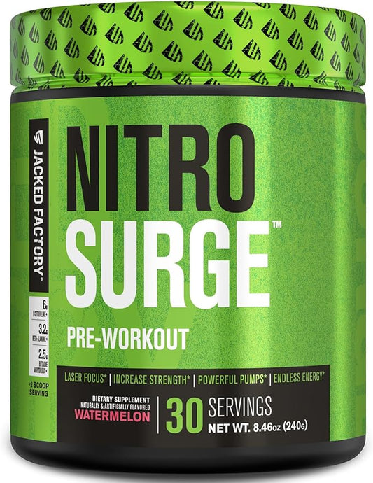 Jacked Factory NITROSURGE Pre Workout Supplement - Endless Energy, Instant Strength Gains, Clear Focus and Intense Pumps - NO Booster & Powerful Preworkout Energy Powder - 30 Servings, Watermelon