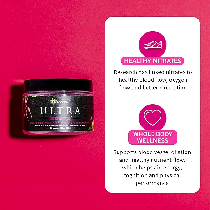KaraMD UltraBeets - Beetroot Superfood Powder - Heart Health, Circulation & Energy Supplement - Supports Nitric Oxide Production - Cherry Apple Flavored Drink Mix - 30 Servings