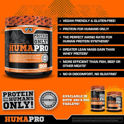 Humapro Tablets | Amino Acids Protein Matrix for Humans | 99% Utilization for Lean Muscle | Vegan, Gluten Free | 300 Tablets / 60 Servings
