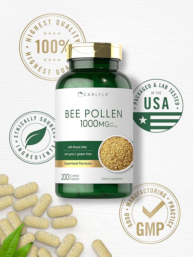 Carlyle Bee Pollen Supplement | 1000mg | 200 Caplets | with Royal Jelly and Bee Propolis | for Men and Women | Vegetarian, Non-GMO, Gluten Free