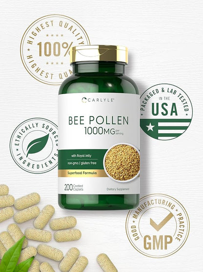 Carlyle Bee Pollen Supplement | 1000mg | 200 Caplets | with Royal Jelly and Bee Propolis | for Men and Women | Vegetarian, Non-GMO, Gluten Free