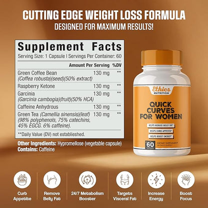 Quick Curves - Fat Burner Weight Loss Pills for Women | Appetite Suppressant, Best Fat Burner Metabolism Booster | Slimming Belly Fat Burner Diet Pills That Work Fast, Extra Strength - 60 Capsules