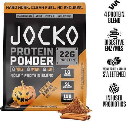 Jocko Mölk Whey Protein Powder 22g Sugar Free Monk Fruit Blend - Muscle Recovery & Growth, Packaging May Vary (31 Servings, Pumpkin)