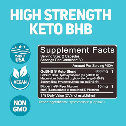 Herbtonics High Strength Keto Capsules with Bioperine for Enhanced Absorption – Gluten-Free BHB Salts for Ketosis, Fasting, and GLP-1 Support. Boosts Energy & Focus. 60 Vegan Capsules