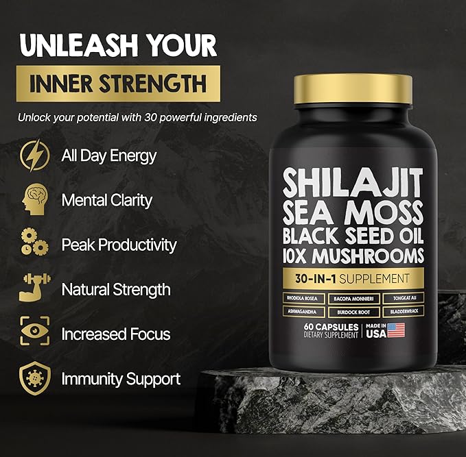 Power Blend Capsules - 30-in-1 Supplement Bundle with Shilajit 6000mg, Sea Moss 4000mg, Black Seed Oil 4000mg, Ashwagandha 2000mg, 10x Mushrooms, Tongkat Ali, Maca, Holistic Pills Combo