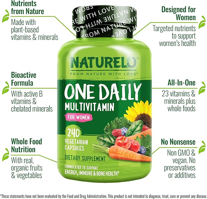 NATURELO One Daily Multivitamin for Women - Energy Support - Whole Food Supplement to Nourish Hair, Skin, Nails - Non-GMO - No Soy - Gluten Free - 240 Capsules | 8 Month Supply