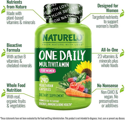NATURELO One Daily Multivitamin for Women - Energy Support - Whole Food Supplement to Nourish Hair, Skin, Nails - Non-GMO - No Soy - Gluten Free - 240 Capsules | 8 Month Supply