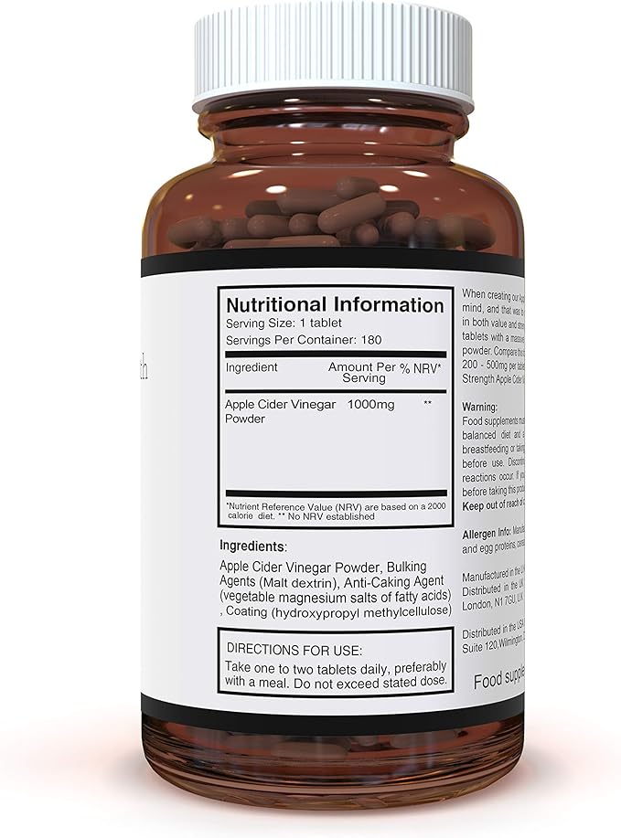 Double Strength Apple Cider Vinegar 1000mg x 720 Tablets (4 Bottles of 180 Tablets - 2 Years Supply)