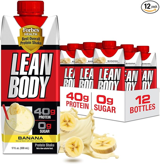 Lean Body Ready-to-Drink Banana Protein Shake, 40g Protein, Whey Blend, 0 Sugar, Gluten Free, 22 Vitamins & Minerals, 17 Ounce (Recyclable Carton & Lid - Pack of 12) LABRADA