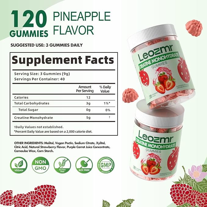 Creatine Monohydrate Gummies 5000mg for Men & Women, Chewables Creatine Monohydrate Supplement(120 Count)- Strawberry 120 Gummies