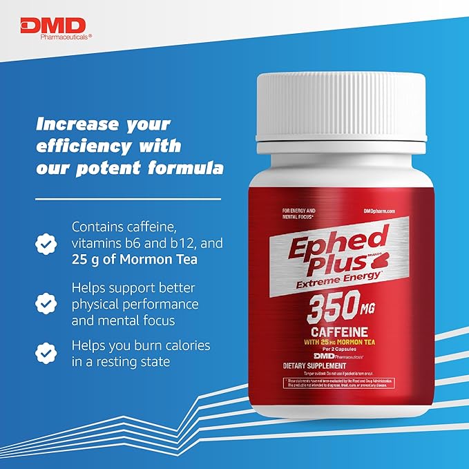 Ephed Plus Extreme Energy with Mormon Tea, 350 mg Caffeine Supplement with Vitamin B6, B12, and 25mg Mormon Tea per 2 Capsule Serving, 100 Capsules