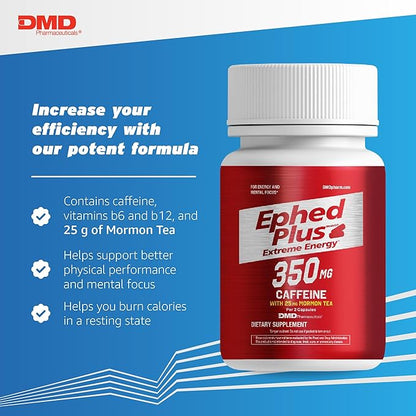 Ephed Plus Extreme Energy with Mormon Tea, 350 mg Caffeine Supplement with Vitamin B6, B12, and 25mg Mormon Tea per 2 Capsule Serving, 100 Capsules