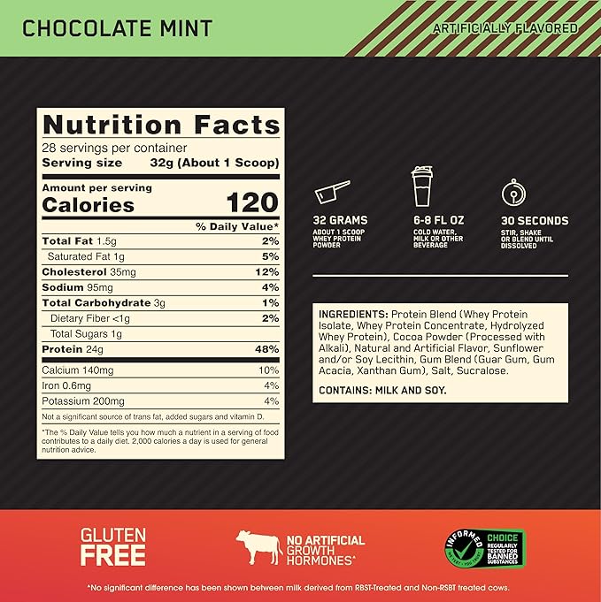 Optimum Nutrition Gold Standard 100% Whey Protein Powder, Chocolate Mint, 2 Pound (Packaging May Vary)