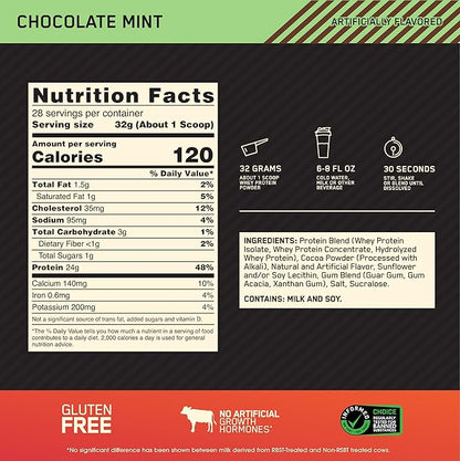 Optimum Nutrition Gold Standard 100% Whey Protein Powder, Chocolate Mint, 2 Pound (Packaging May Vary)