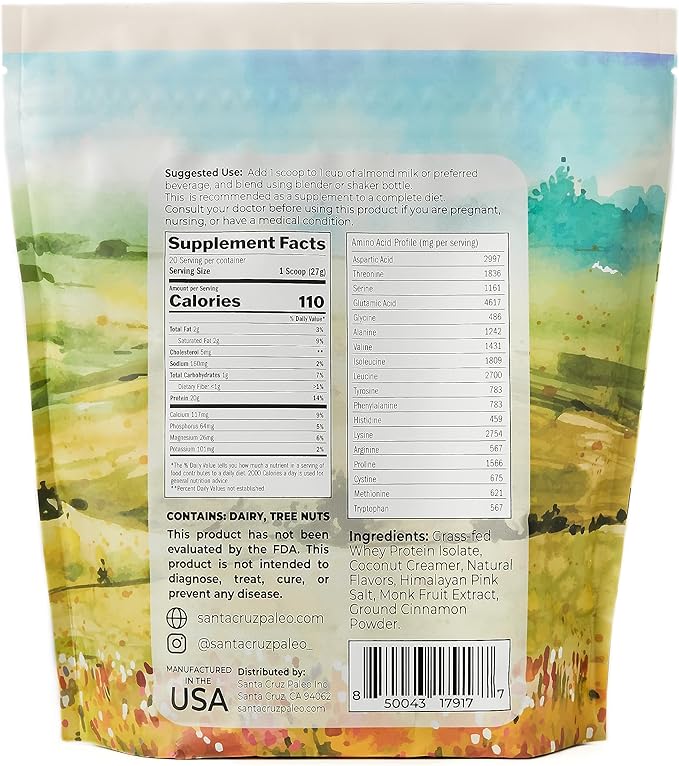 Santa Cruz Paleo Whey Protein Powder, Vanilla, 20g Grass Fed Whey Protein Isolate Per Serving, Gluten Free, Keto, Sugar Free, Paleo, Natural, Post Workout Muscle Support, 20 Servings, 1.2lb Bag