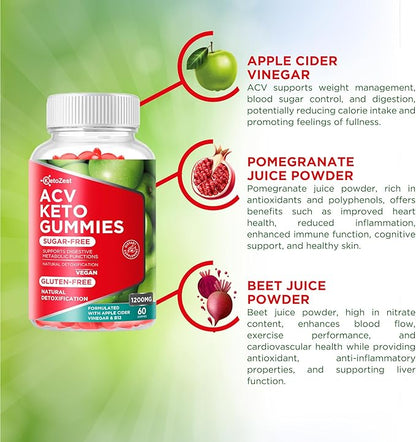 Keto Acv Gummies Supplement - Apple Cider Vinegar Gummies for Women Men - Sugar & Gluten Free (1200MG)