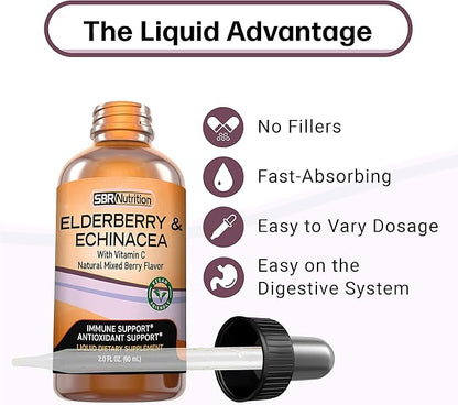 SBR Nutrition Immune Support Liquid Dietary Supplement for Adults, Elderberry and Echinacea with Vitamin C, Organic, Vegan Sambucus Extract Immune System Booster, 2 oz (60 mL)