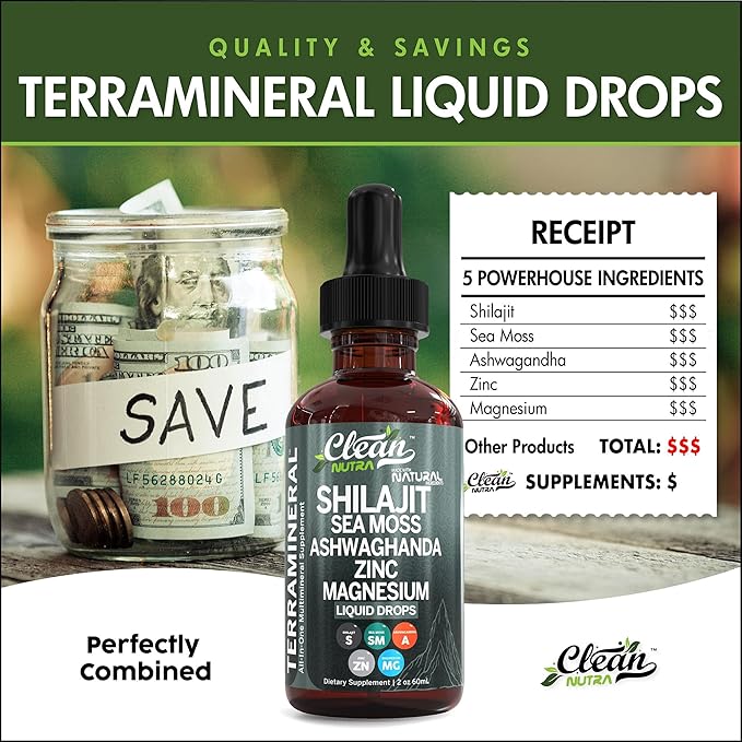 Shilajit Liquid Drops with Sea Moss, Ashwagandha, Zinc, Magnesium, Liquid Vitamins for Women and Men - Terra Mineral by Clean Nutra