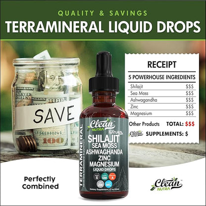 Shilajit Liquid Drops with Sea Moss, Ashwagandha, Zinc, Magnesium, Liquid Vitamins for Women and Men - Terra Mineral by Clean Nutra